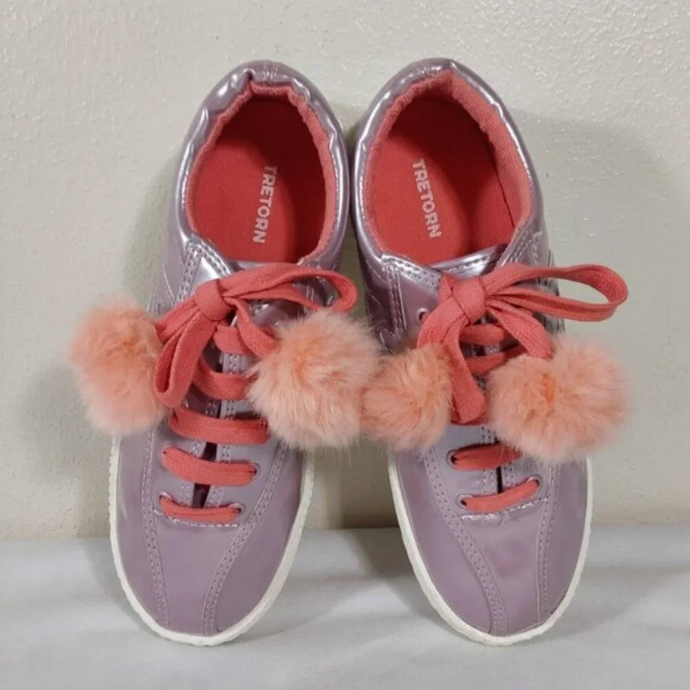 Tretorn Youth Lavender Iridescent Metallic Sneakers w Orange Pom Pom Laces - 3